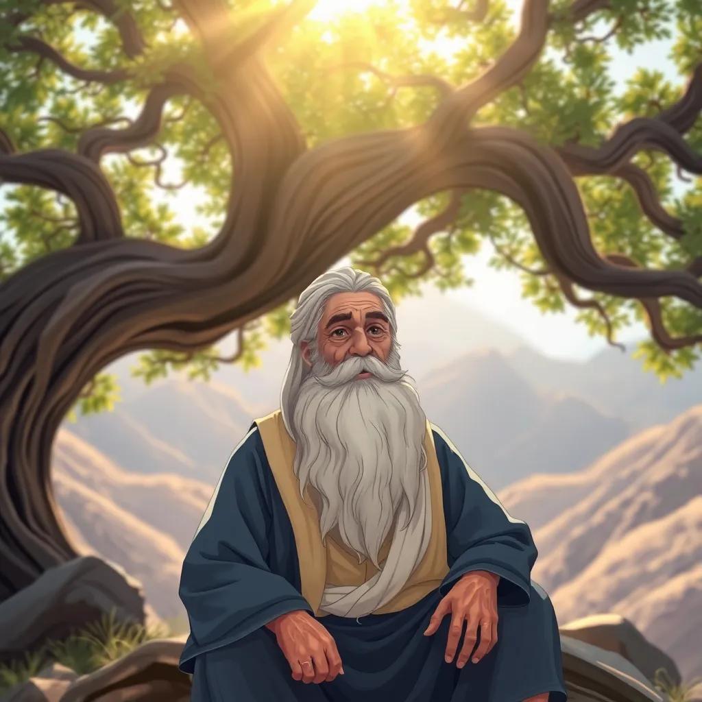 An elderly wise man with a long beard and wearing traditional Iraqi clothing, sitting under a large tree on a mountain, having a thoughtful expression, sunlight filtering through the leaves, illustration, warm and inviting, child-friendly, detailed