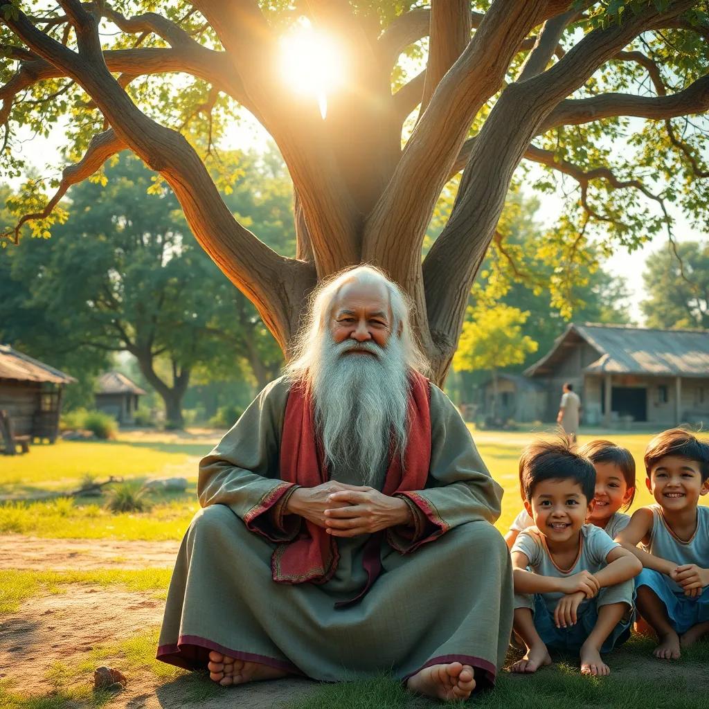A wise old man, Jid, with a long white beard and traditional clothes, sitting under a large tree in a village, cheerful children gathered around him, bright sunny day, digital art, warm colors, inviting atmosphere, high quality