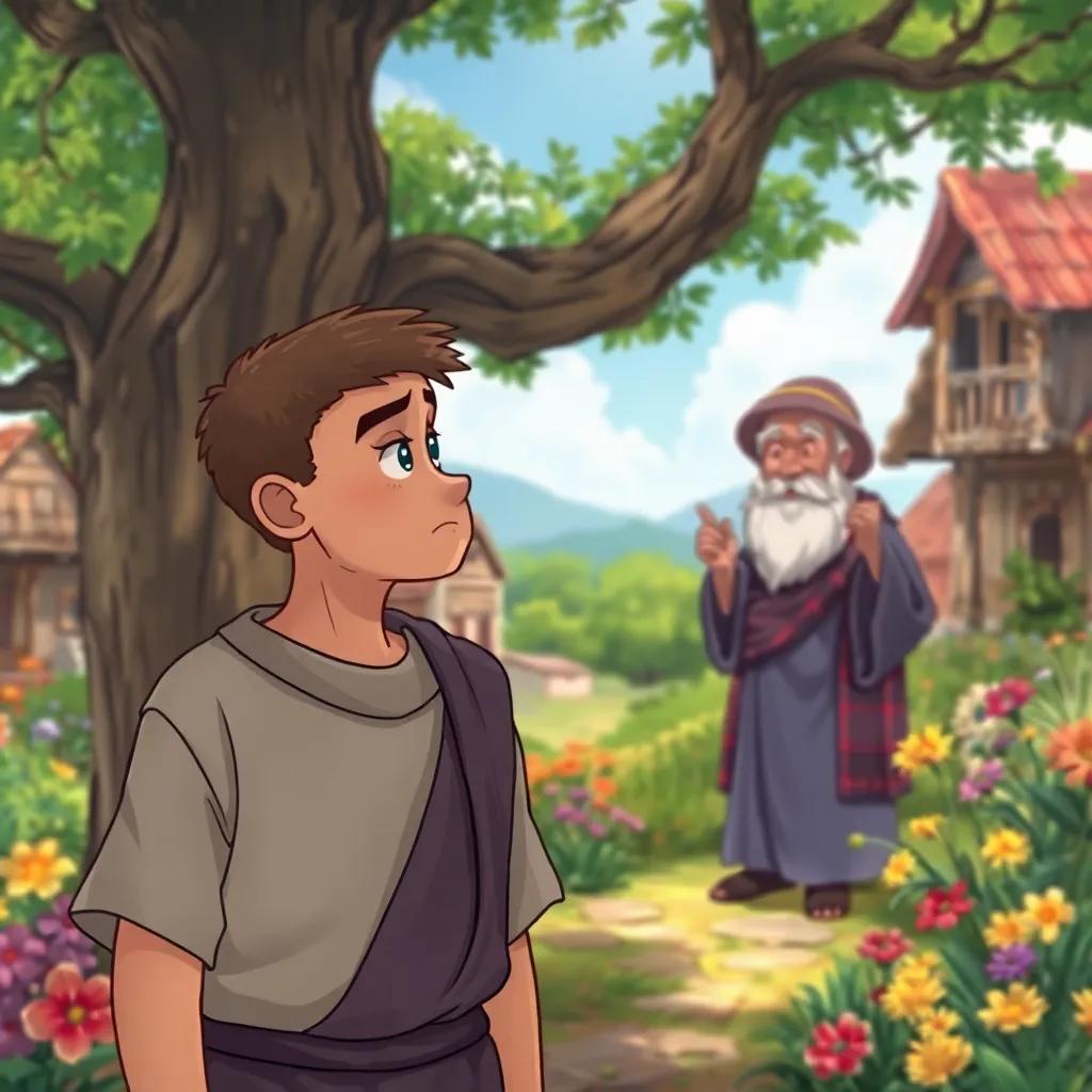 A sad man with simple clothes, looking at Jid the wise old man under the tree, the background of the village with houses, colorful flowers, feeling hopeful, illustration, vibrant colors, storytelling scene, child-friendly