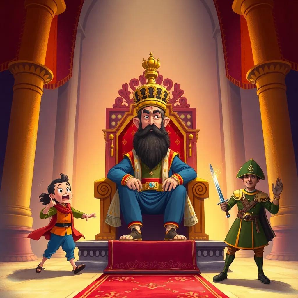A mighty sultan sitting on a grand throne in a large palace, with his ears covered and an air of authority, a frightened barber exiting the palace in haste, and a soldier testing his sword, vivid colors, vivid detail, palace setting, digital art