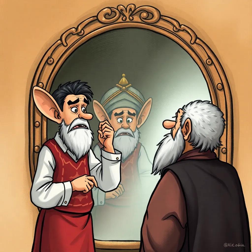A nervous barber standing in front of a mirror, gulping in fear as he sees the sultan's large ears, the sultan is looking at himself, reflections, detailed artwork, tense atmosphere, realistic