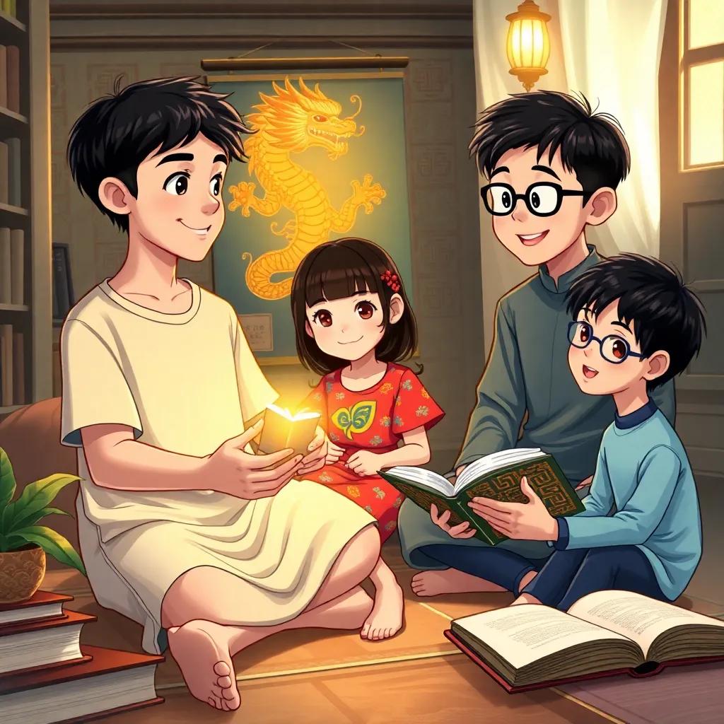 Ali, a young Arab boy with short dark hair in a simple t-shirt and shorts, sharing the ancient message with his friends, Li Li, a Chinese girl with shoulder-length black hair in a colorful dress, and Wei, a Chinese boy with short hair and glasses, all three sitting in a cozy room, with a glowing dragon picture and books around, friendly atmosphere, detailed illustration, bright colors, high quality