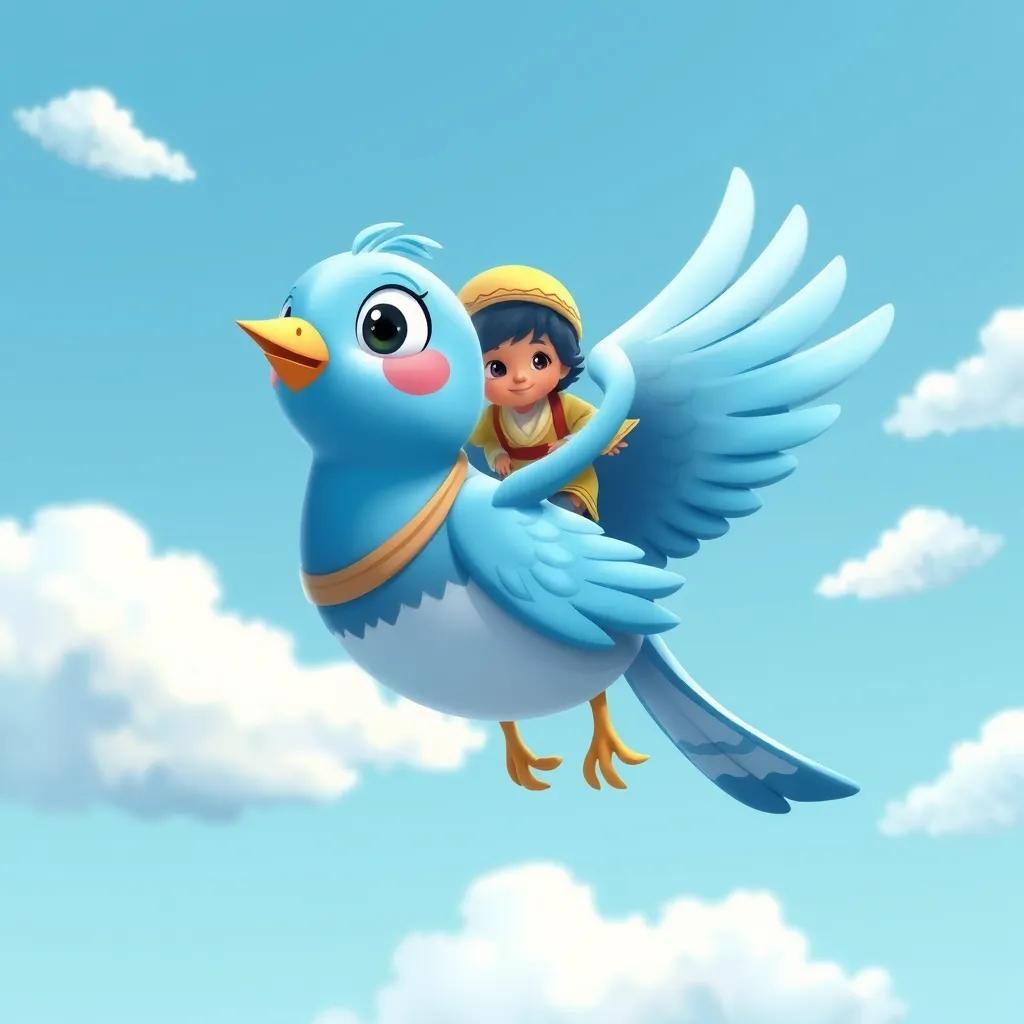 A beautiful large blue bird with sparkling eyes, carrying Mohammad on its back, soaring through fluffy white clouds in a bright blue sky, illustration, cheerful, fantasy theme, child-friendly