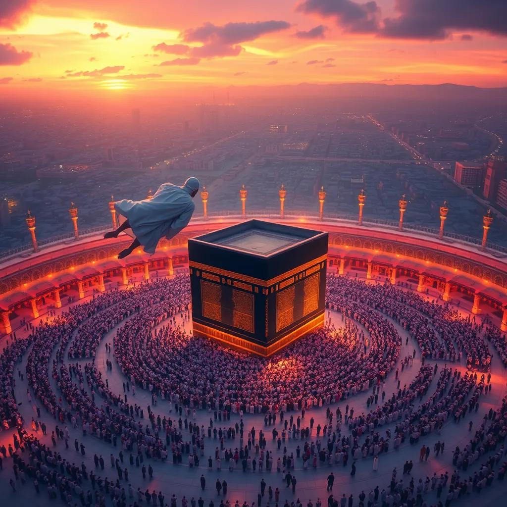 Mohammad flying over the Kaaba in Mecca, seeing the people circling around it from above, vibrant sunset colors, magical atmosphere, digital painting, inspiring