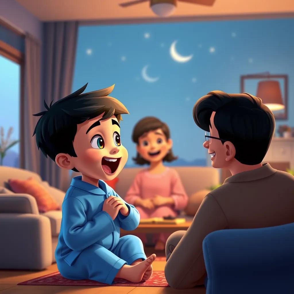 A young Arab boy, Mohammad, with short black hair, wearing a blue pajamas, excitedly telling his mother and father about his dream in their living room, warm light, joyful colors, heartwarming scene, high quality