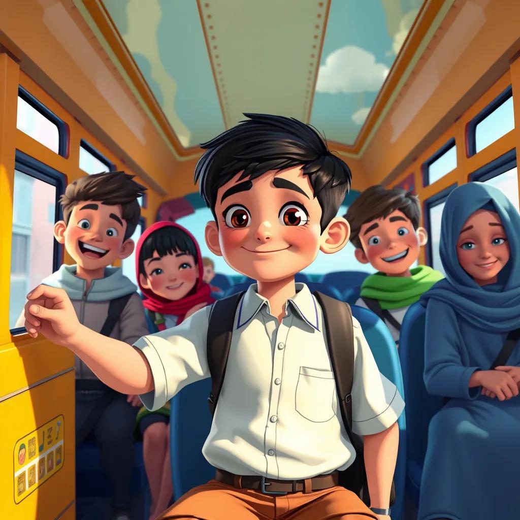 Mohammad, a young Arab boy, with short black hair, wearing a school uniform, riding a colorful school bus with his happy friends, bright day, vibrant colors, cheerful atmosphere, illustration