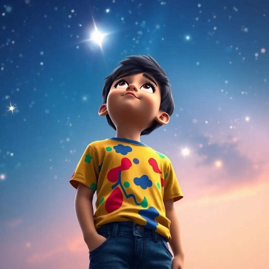 A young Arab boy, Ali, with short black hair wearing a colorful t-shirt and jeans, looking up at the starry sky with wonder, digital art, bright colors, magical atmosphere, high quality