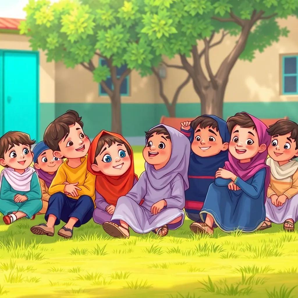 A group of young Arab children sitting on green grass in a school yard, excitedly listening to Ali, with smiles and curious expressions, illustration, cheerful colors, inviting scene, high quality