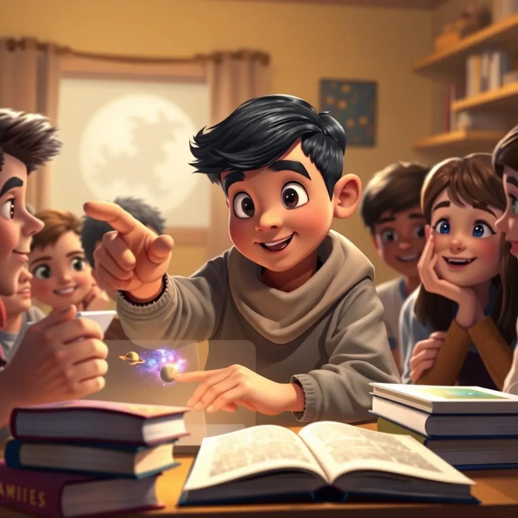 A young Arab boy, Ali, with short black hair, surrounded by books and a laptop, pointing at images of space, with friends looking on eagerly, digital painting, warm light, cozy atmosphere, high quality