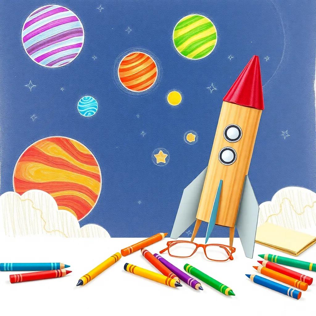 A vibrant drawing of planets and a model rocket made from cardboard, crafted by young Arab children, with crayons and papers scattered around them, colorful, joyful tone, engaging scene, high quality