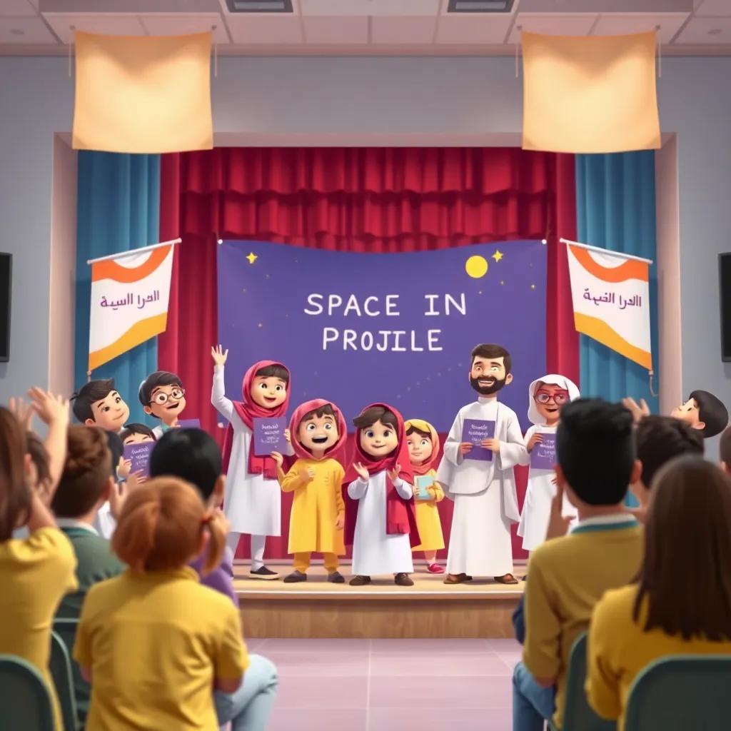 A group of cheerful young Arab children performing on a school stage, presenting their space project with banners and colorful props, applause from the audience, lively scene, bright lighting, high quality