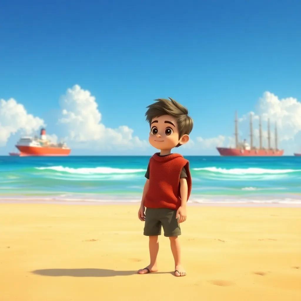 A young boy named Sami standing on a sunny beach, looking at large ships in the distance, with determination in his eyes, digital art, vibrant colors, cheerful atmosphere, high quality