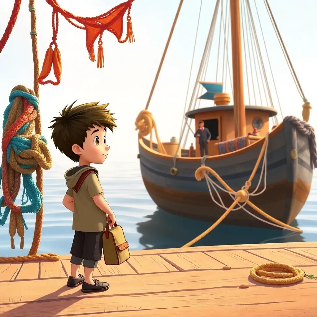 Sami, a young boy, standing at a dock with a small bag, gazing at an old sailor's boat, surrounded by colorful fishing nets and ropes, illustration, warm sunlight, inviting scene, child-friendly