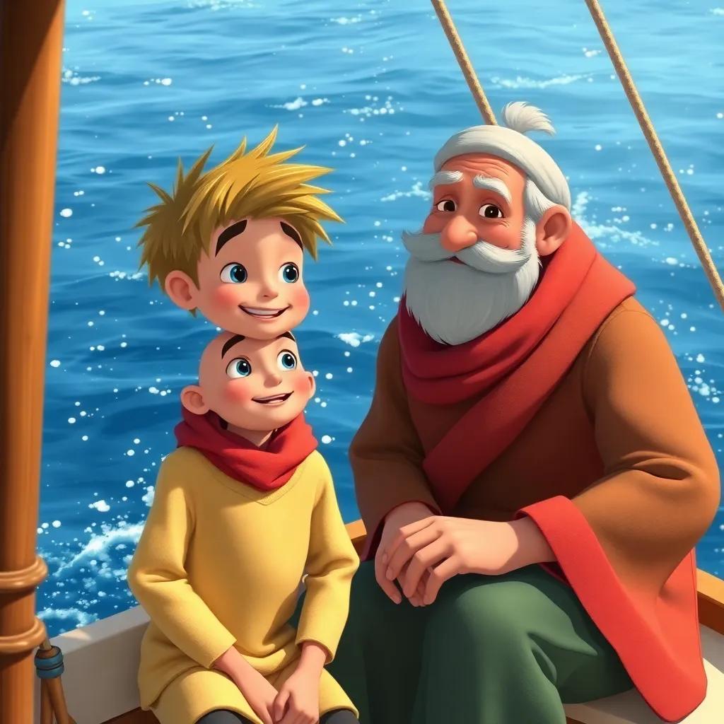 Sami learning to sail with the old sailor, a wise man with a kind smile and a weathered face, guiding him on the boat with the shimmering blue sea around, digital painting, bright colors, sense of learning, emotional