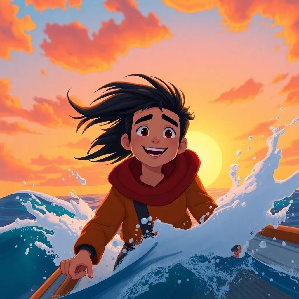 Sami on the boat, wind in his hair, waves splashing around, feeling the thrill of sailing, with a beautiful sunset in the background that paints the sky in orange and pink, illustration, dynamic, uplifting