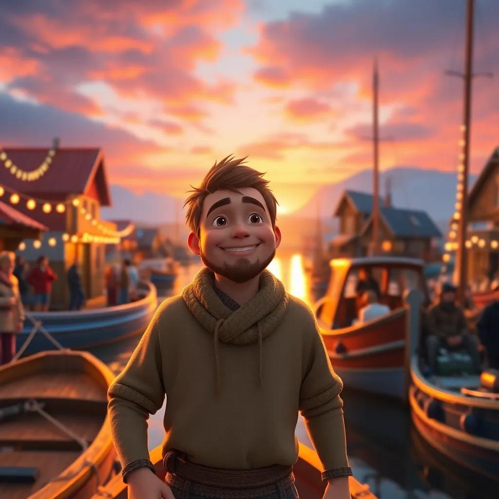 Sami returning to his village with a proud smile, boats in the harbor, friends and family cheering him on, with warm sunset light creating a magical atmosphere, digital art, heartwarming, vibrant, happy mood