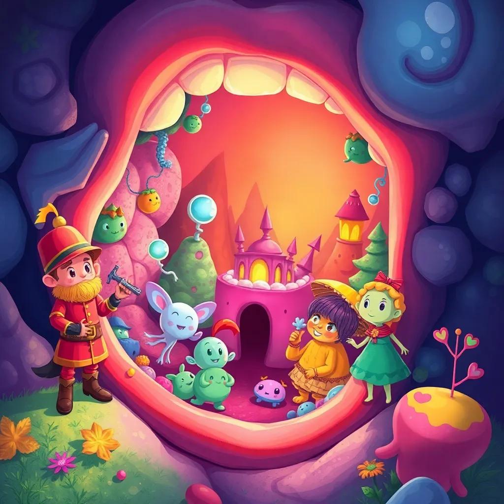 A magical kingdom inside a mouth, with tiny creatures named microbiomes, a brave soldier named Streptococcus, a lady named Veillonella, and a leader named Rothia, digital art, colorful, vibrant atmosphere, cartoonish style, high quality