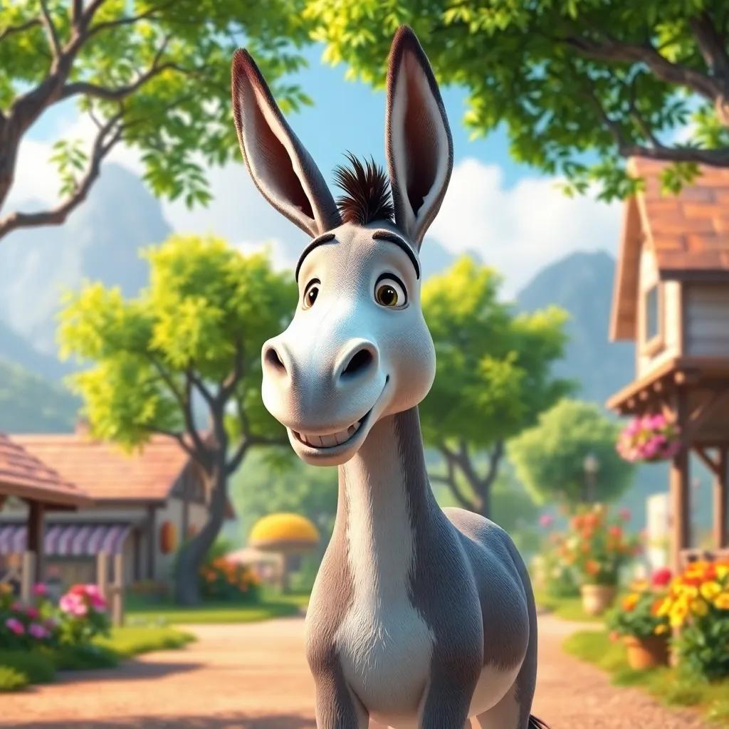 A smart donkey named Zreeq, with long ears and a cheerful smile, standing in a beautiful village with green trees and colorful flowers, digital art, cheerful atmosphere, vibrant colors, inviting scene, high quality
