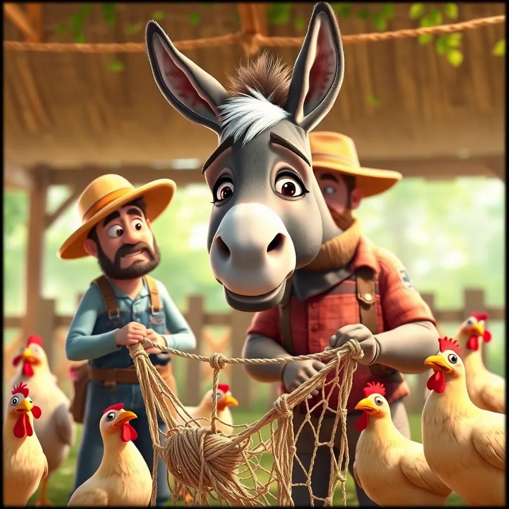 Zreeq, a smart donkey, helping a sad farmer, with a thoughtful expression, making a net from ropes, surrounded by happy chickens, bright environment, colorful, engaging, friendly