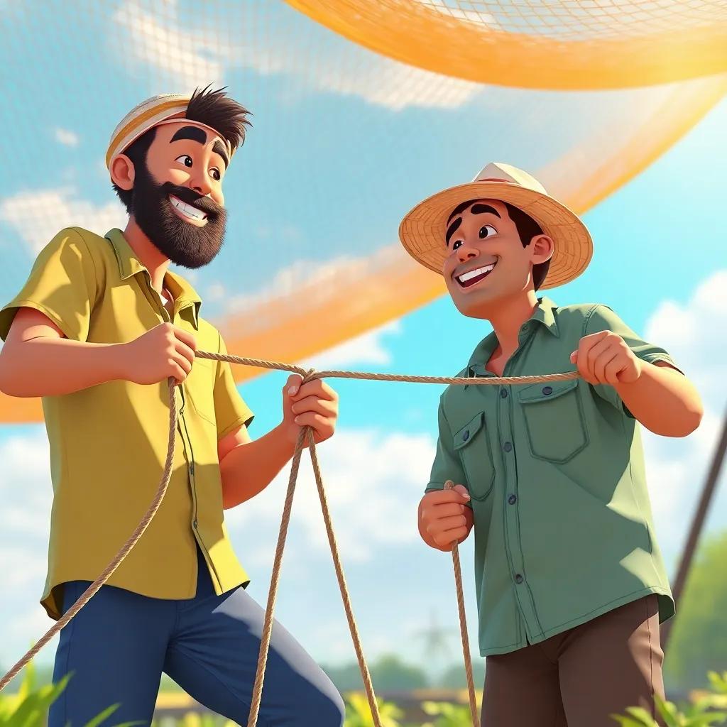 Zreeq and the farmer working together, tying ropes and laughing, with a large net in the background under a sunny sky, teamwork spirit, colorful and bright, positive energy