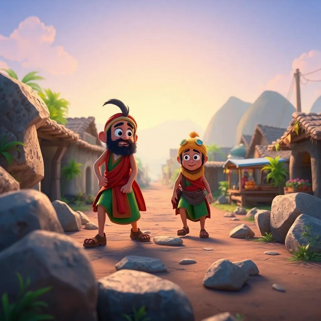 Zreeq helping another villager, moving boulders out of the way, focused and determined, clear road to the market visible, vibrant colors, action-packed scene, lively