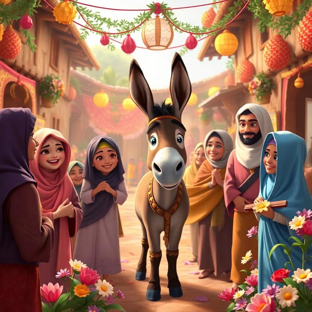 A celebration in the village, with villagers smiling and thanking Zreeq, the smart donkey, surrounded by flowers and decorations, festive atmosphere, warm colors, joyful mood