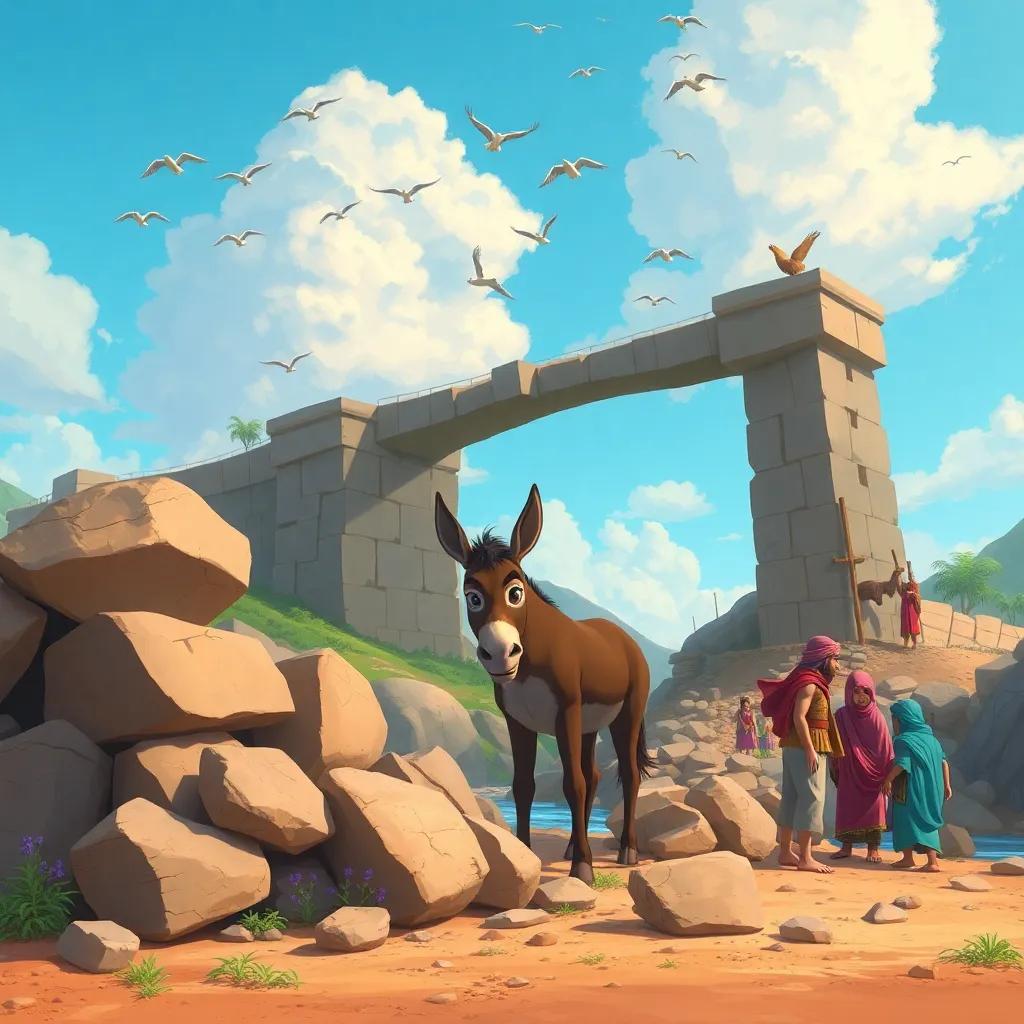 Zain the donkey gathering large stones by a broken bridge, with birds flying in the sky and curious villagers watching, detailed illustration, vibrant colors, community effort, adventure-themed