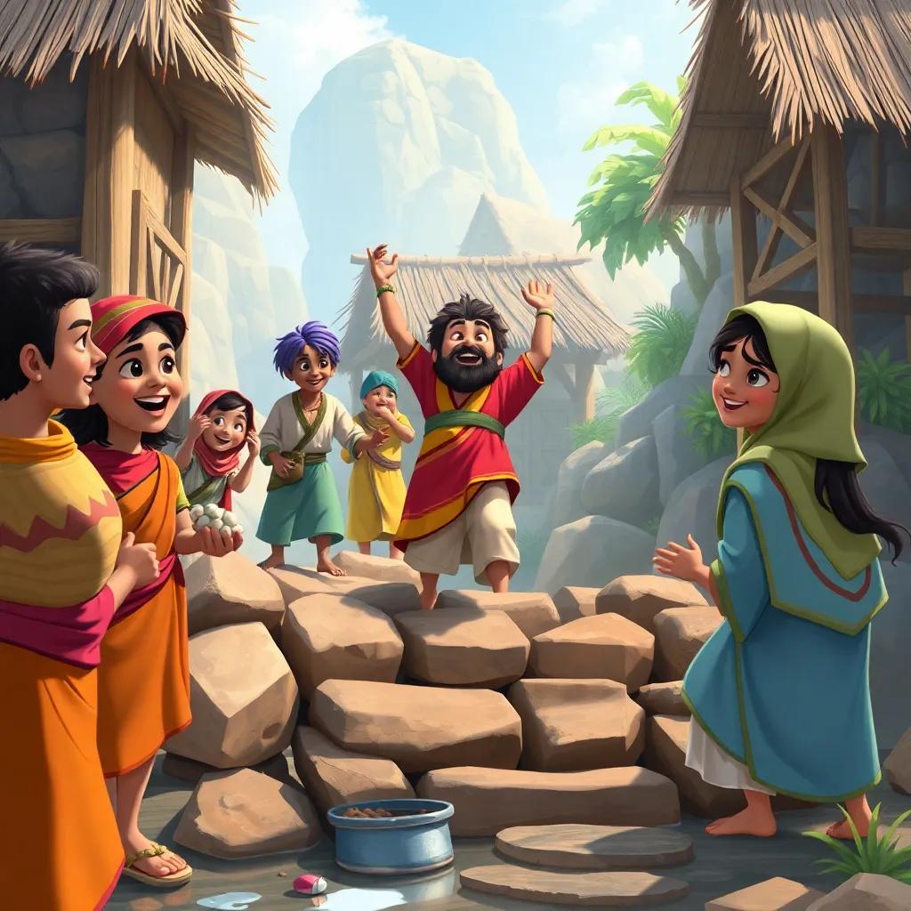 The villagers working together, bringing stones and wood to build a new bridge, with Zain leading them, a joyful expression, teamwork, colorful, uplifting scene, digital painting, heartwarming
