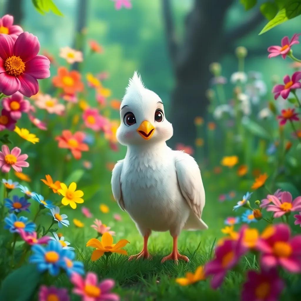 A small pigeon, Leila, with soft white feathers, standing in a beautiful green forest full of colorful flowers, looking happy and curious, digital art, vibrant colors, cheerful atmosphere, high quality