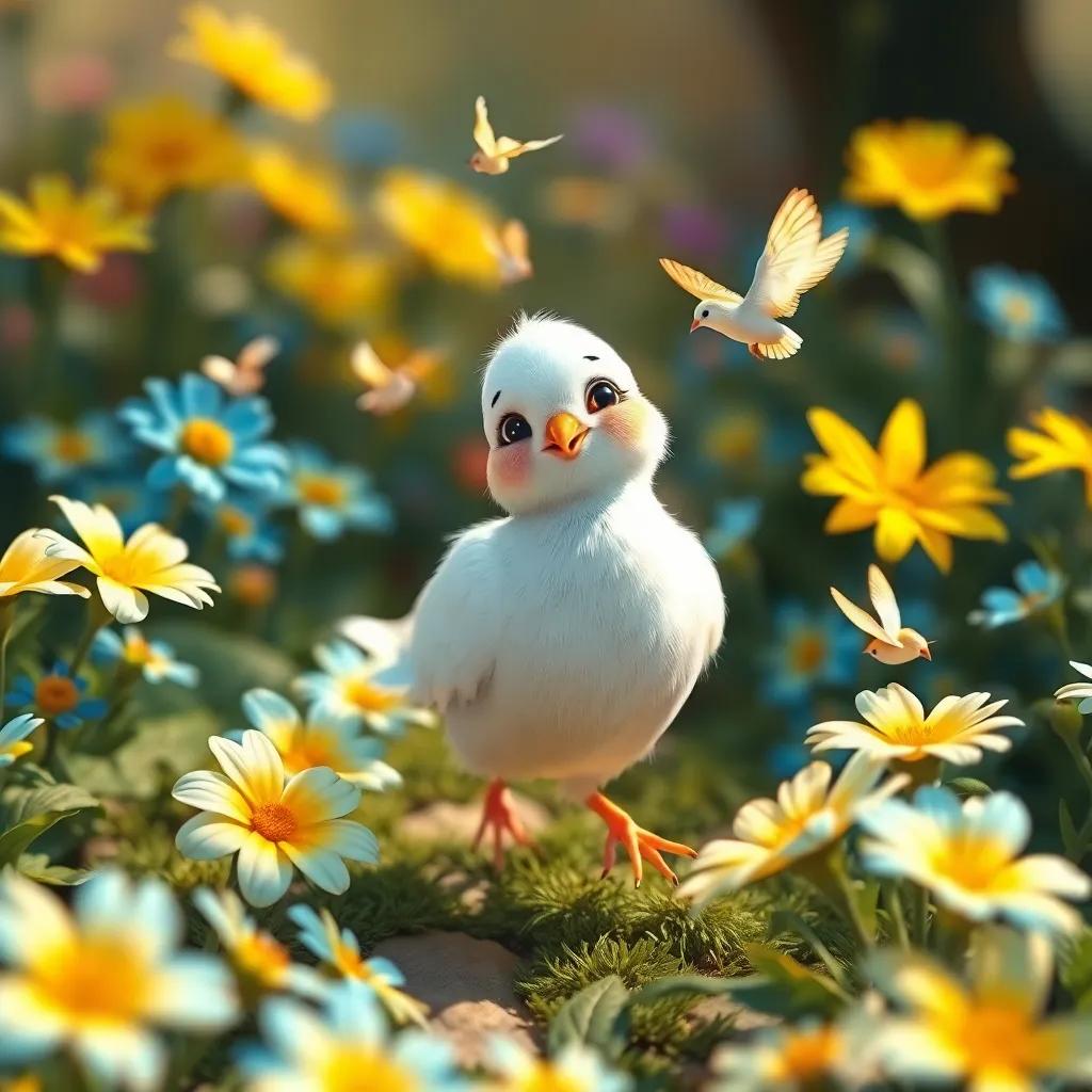 Leila, a small pigeon with soft white feathers, walking among colorful flowers with bright blue and yellow petals, her friends fluttering around her, joyful and light-hearted, enchanting scenery, warm light, inviting mood, high quality