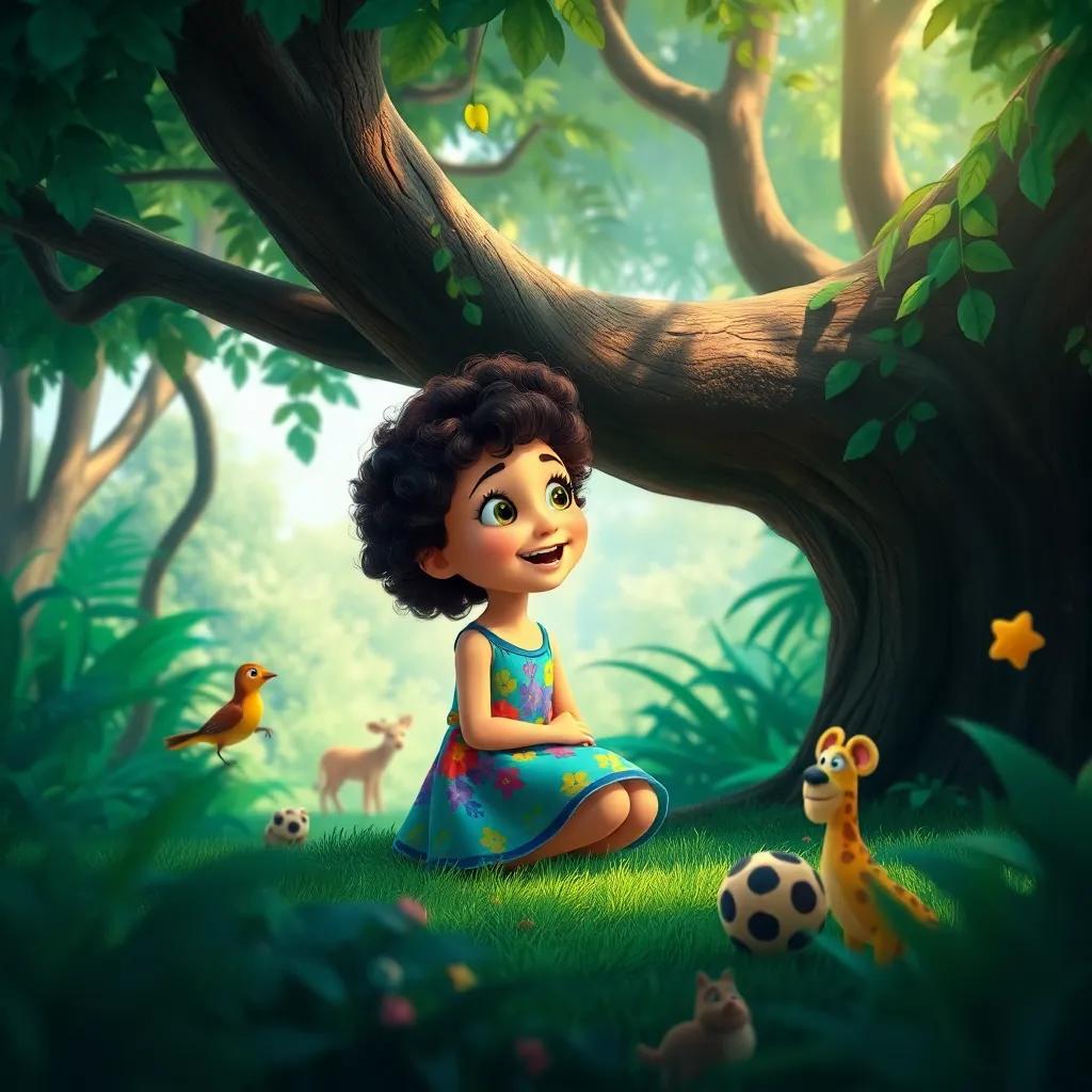 A young girl, Layla, with curly hair and wearing a colorful dress, sitting under a big tree in a lush jungle, excitedly looking at the animals around her, digital art, vibrant colors, cheerful atmosphere, high quality