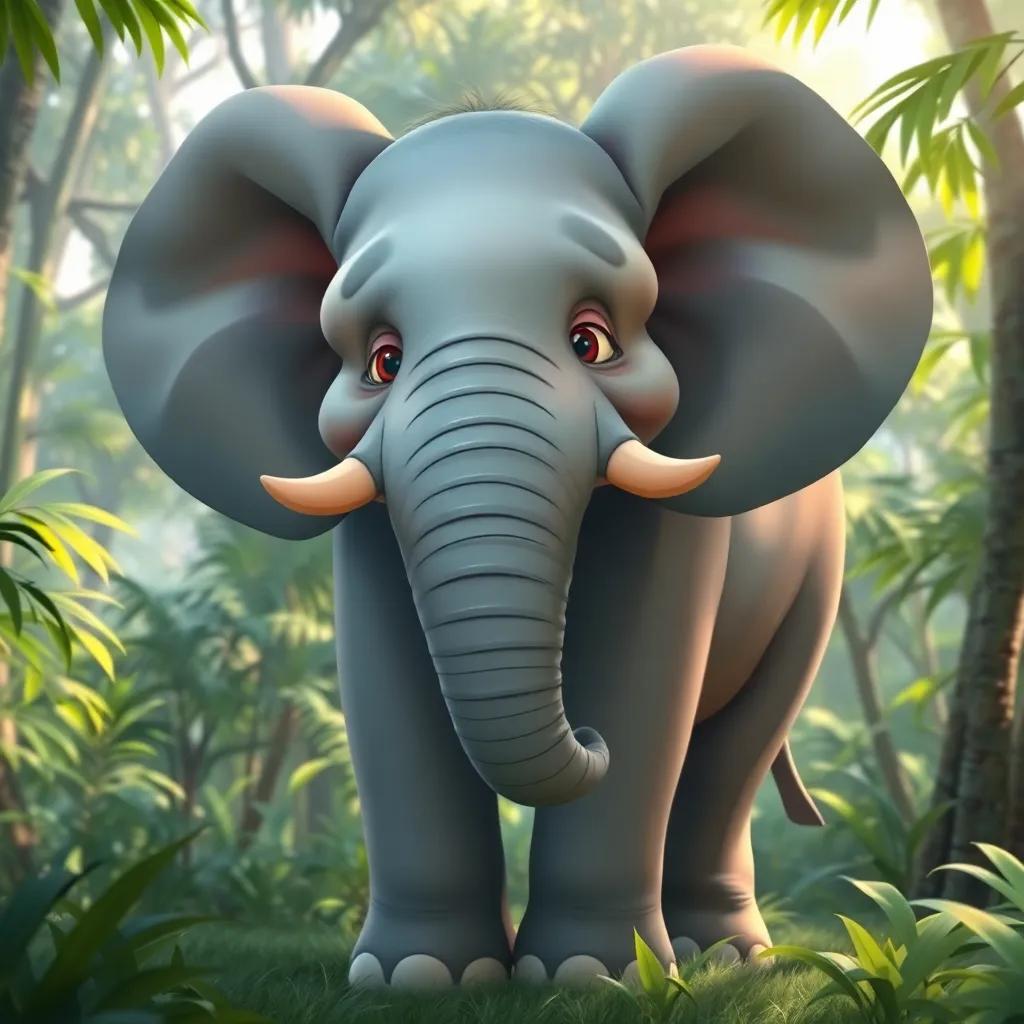 An enormous elephant with large floppy ears and a gentle smile, standing proudly in the jungle, surrounded by greenery, soft light filtering through the trees, illustration, witty, animal character, child-friendly