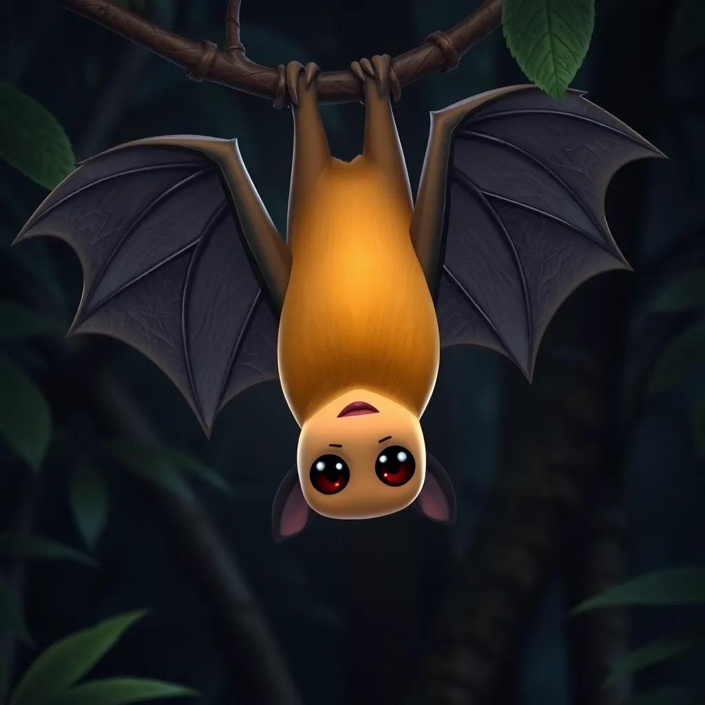 A clever bat with glossy black wings, hanging upside down from a branch, with shiny eyes, in a dark part of the jungle, mysterious ambiance, whimsical style, high quality