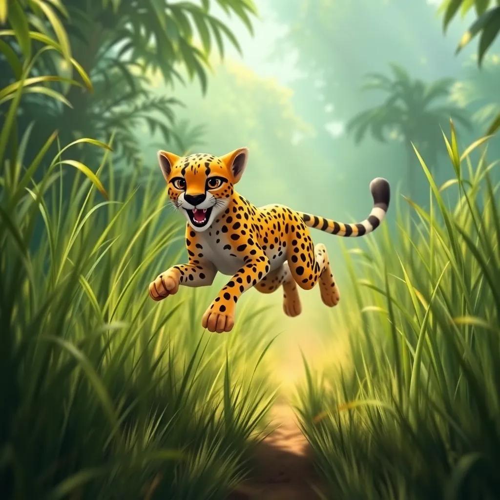 A fast cheetah with spots, leaping through the tall grass in the jungle, looking energetic and agile, bright sunlight illuminating its path, digital painting, action, dynamic scene, high quality