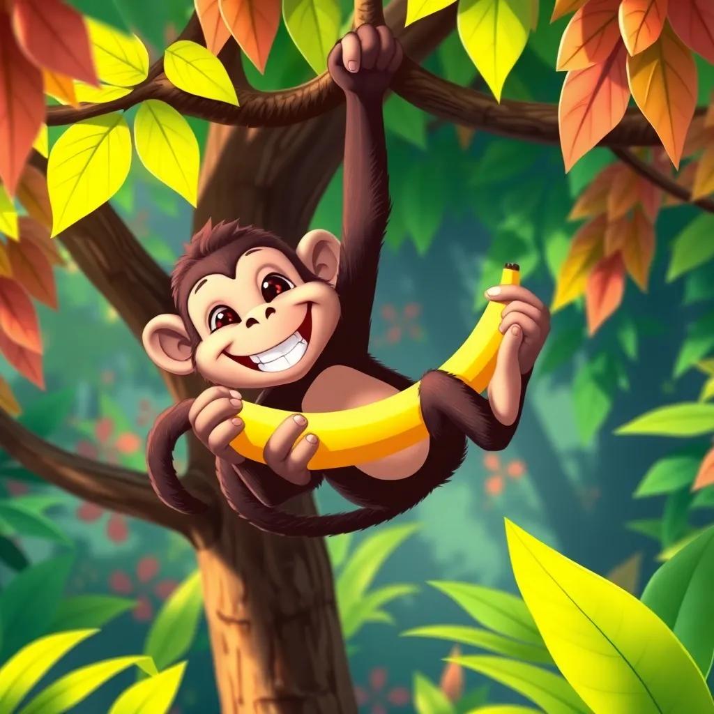 A playful monkey swinging from tree to tree, holding a banana, smiling joyfully in the vibrant jungle, colorful leaves surrounding it, bright day, happy expression, digital art, fun and lively, high quality
