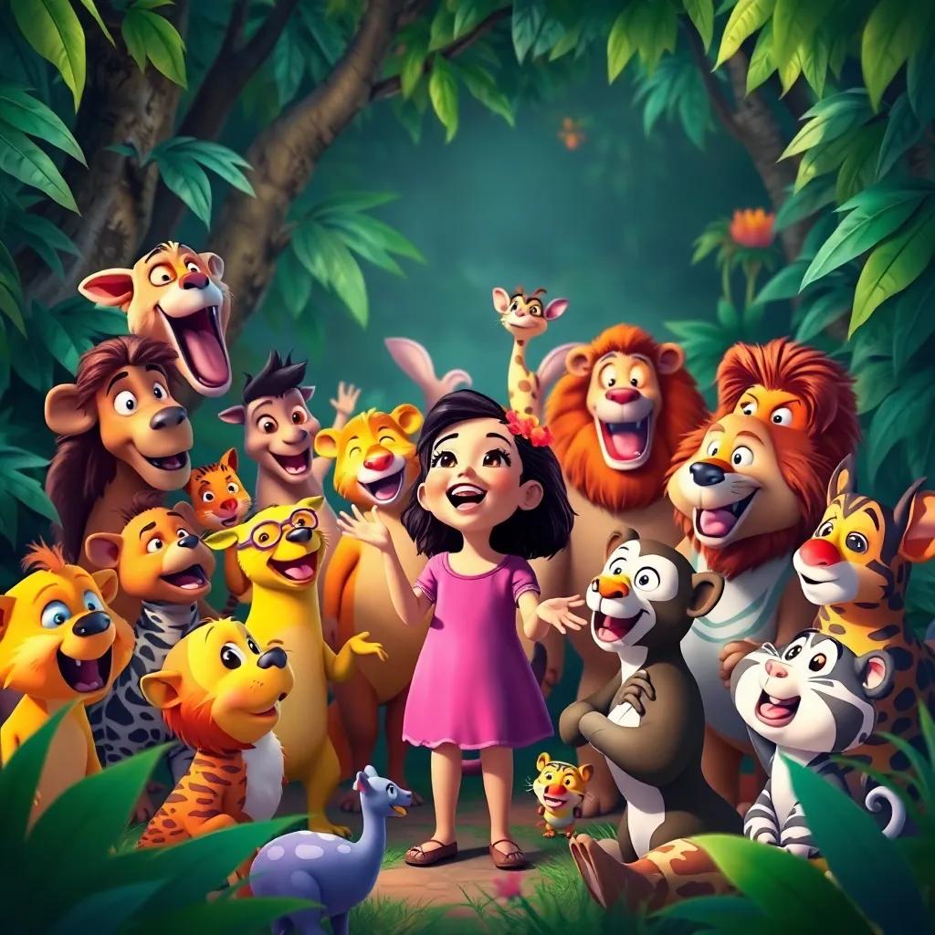 A lively scene featuring all the animals gathered together, including the girl in the center, singing joyfully in the jungle, colorful and vibrant, celebratory atmosphere, high quality