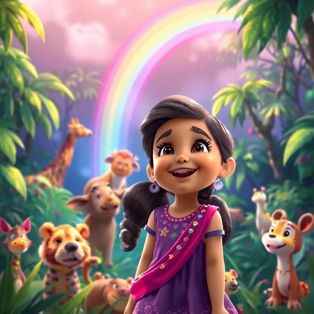 Layla, happily observing the animals singing in the jungle, with a magical rainbow appearing above them, bright and colorful, enchanting scenery, child-friendly, high quality