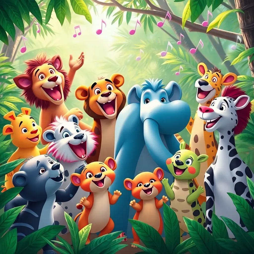 All the animals celebrating together, with music notes floating around, in a wonderful gathering in the jungle, bright and fun, joyful atmosphere, cheerful expressions, high quality