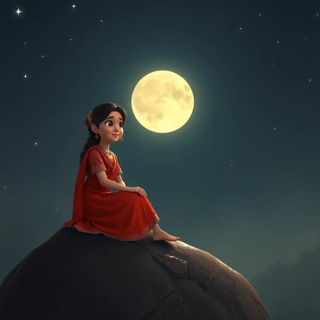 Layla, sitting on a rock under the moonlight after the celebration, pondering the unique stories of the jungle animals, calm and peaceful night, sparkling stars, digital art, thoughtful mood, high quality