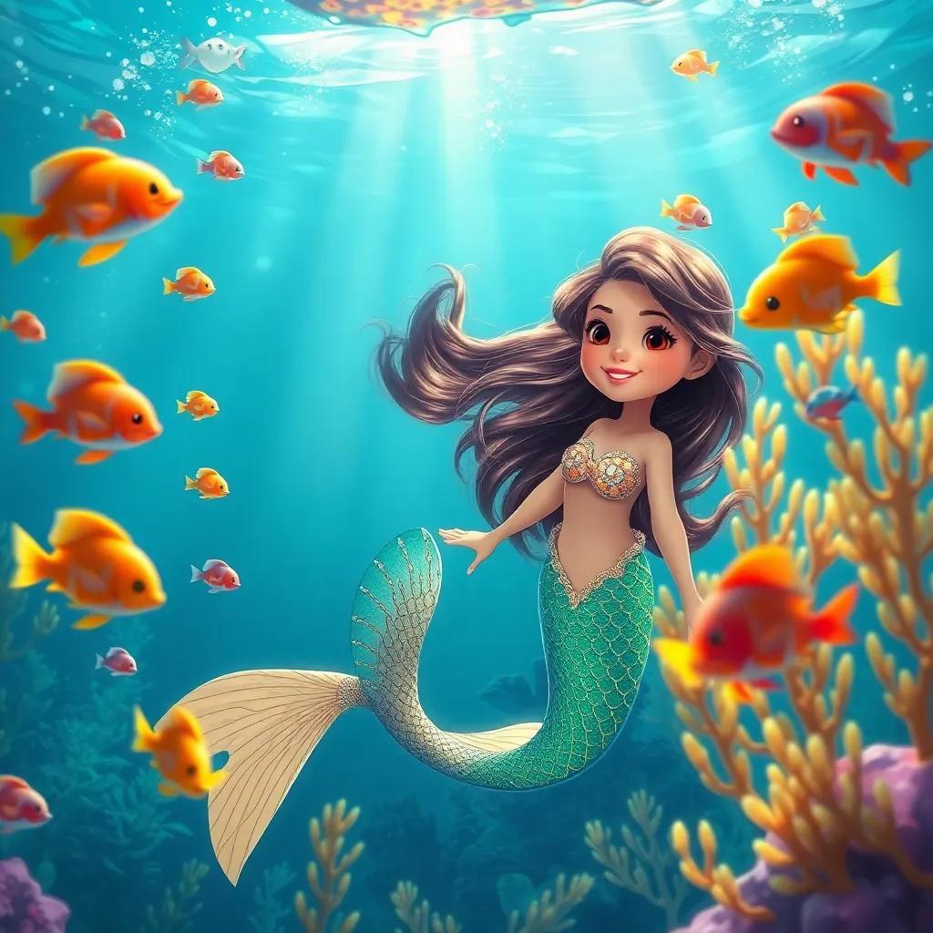 A beautiful underwater scene with a mermaid named Layla, a young Arab girl with long flowing hair, wearing a shimmering tail, playing with colorful fish, bright sunlight filtering through the water, vibrant colors, cheerful atmosphere, digital art, high quality