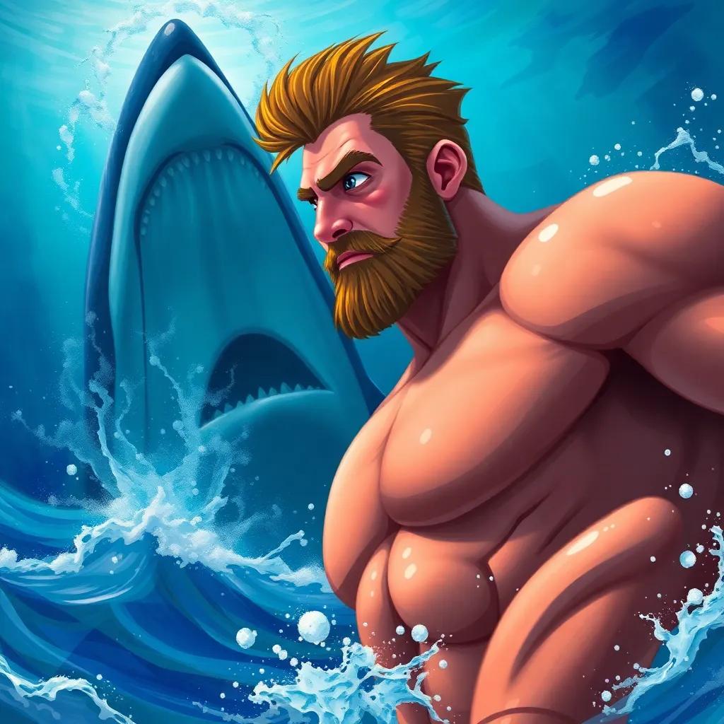 A brave sea man, muscular and heroic, standing strong in the water, looking at the scary killer whale approaching, determined expression, ocean waves splashing around, action scene, colorful underwater surroundings, digital painting, vivid details
