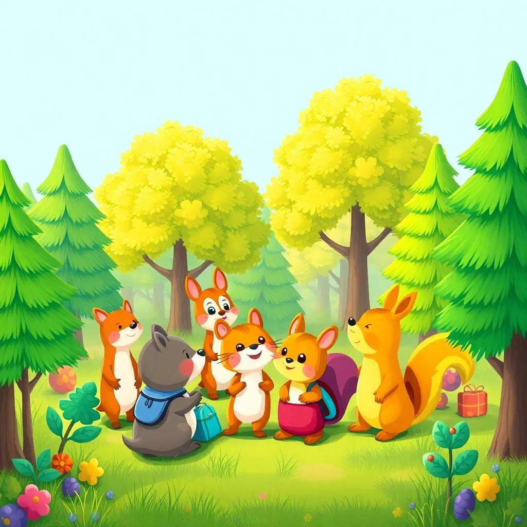 A colorful forest with small animals gathering together, excitedly discussing school bags, vibrant green trees around, bright and cheerful atmosphere, children-friendly illustration, whimsical style