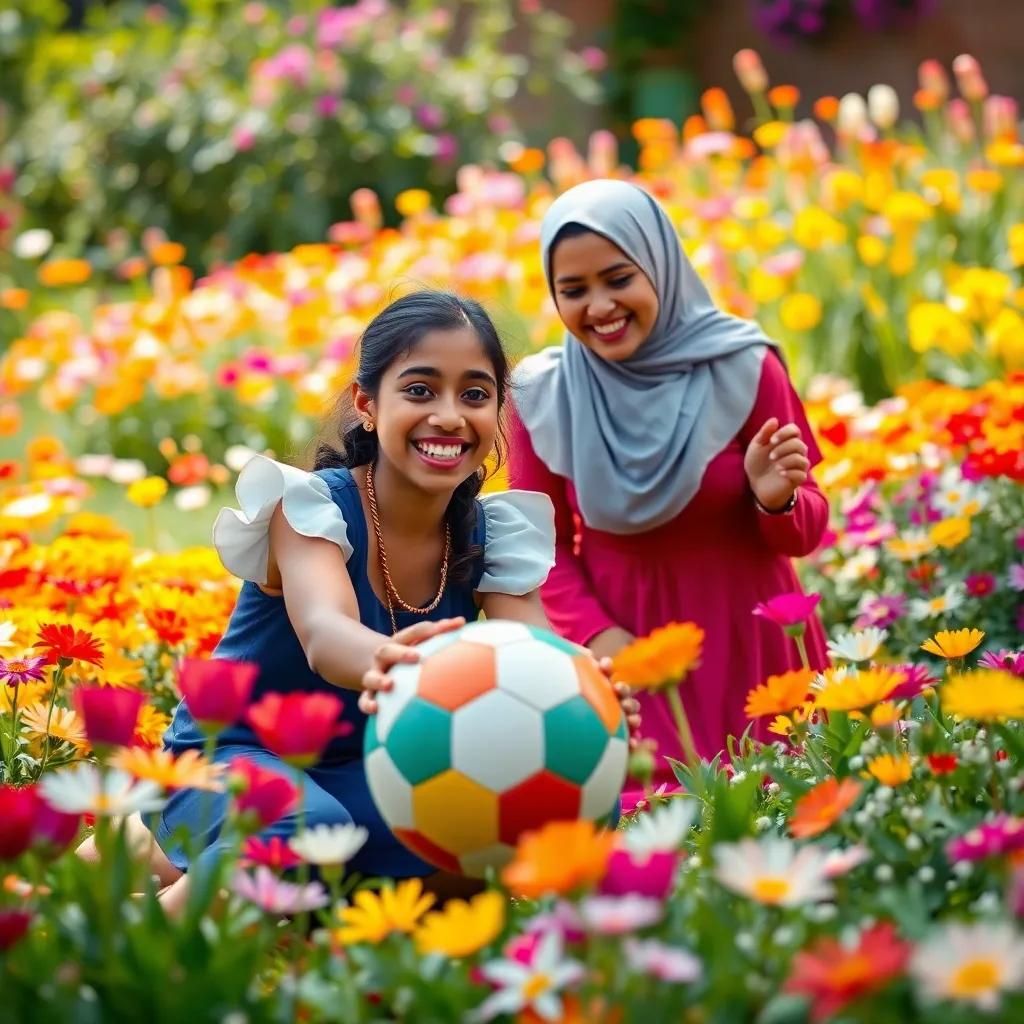Sami and the maid playing with a ball in the garden filled with colorful flowers, Sami smiling happily, the maid with a joyful expression, bright and colorful, joyful scene, high quality