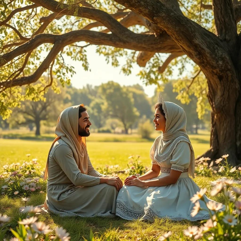 Sami and the maid sitting under a large tree, looking at each other and smiling, surrounded by flowers and sunshine, warm light, friendly atmosphere, realistic