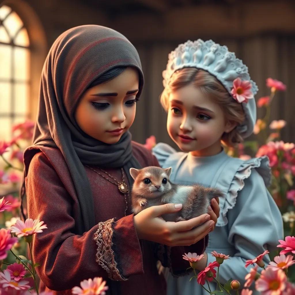 Sami holding a small injured animal with a worried expression, the maid looking supportive, surrounded by beautiful flowers, warm light, caring scene, heartwarming