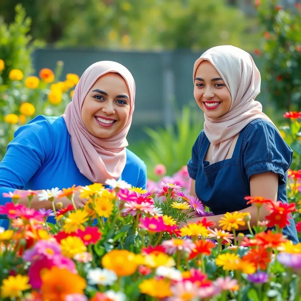 Sami and the maid picking up colorful flowers together, with big smiles on their faces, bright and cheerful garden, colorful and radiant, joyful moment, high quality