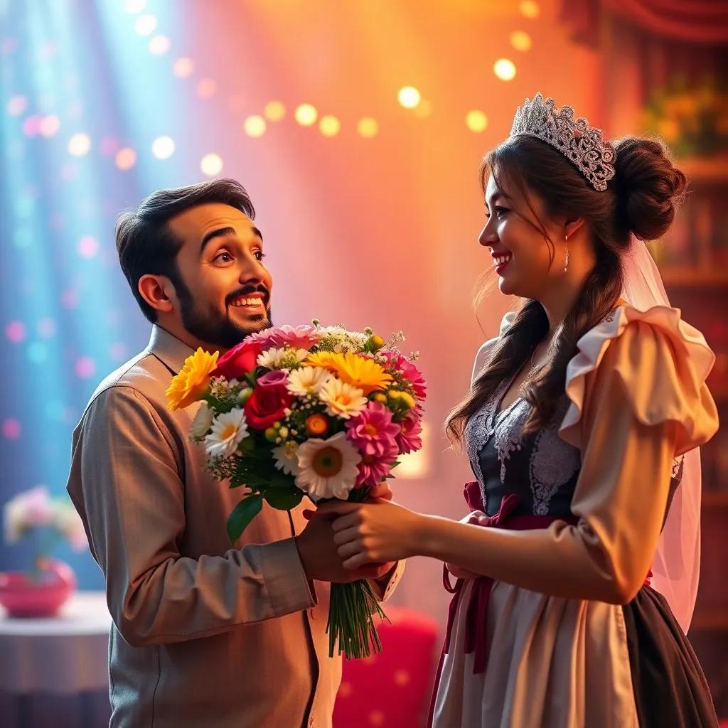 Sami holding a bouquet of flowers, surprised and smiling, giving it to the maid who looks delighted, colorful background, warm light, magical atmosphere, heartwarming