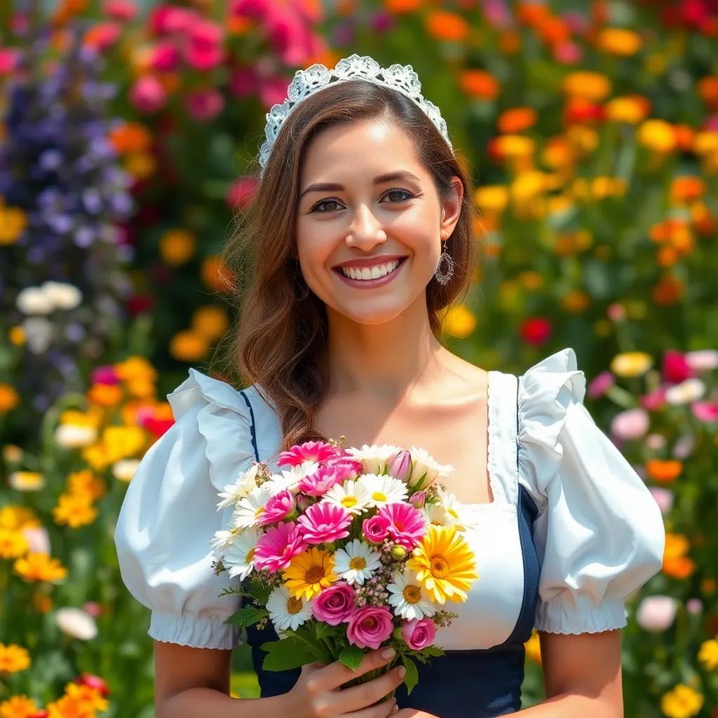 The maid holding the bouquet of flowers, a huge smile on her face, surrounded by colorful flowers in the garden, cheerful expression, bright and enchanting, high quality