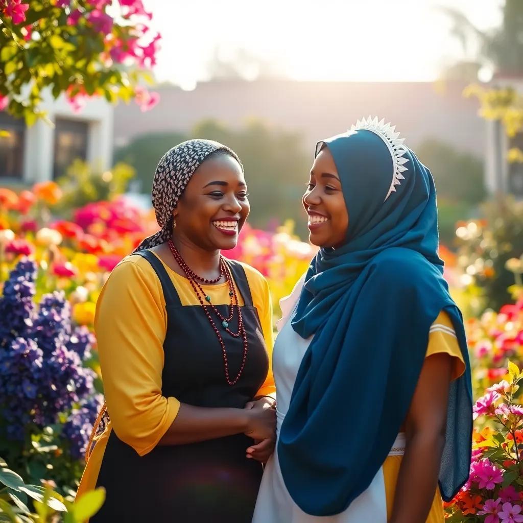 Sami and the maid laughing together under the sun in a beautiful garden, filled with colors and warmth, friendly and joyful atmosphere, vibrant colors, high quality