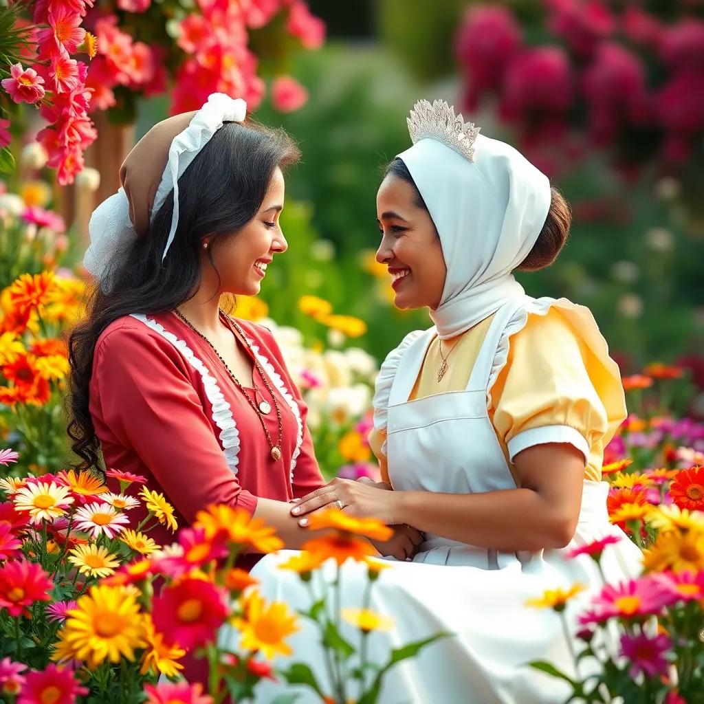 A heartwarming scene of Sami and the maid sharing a moment of friendship, colorful flowers around them, consisting of love and joy, cheerful and bright image, high quality